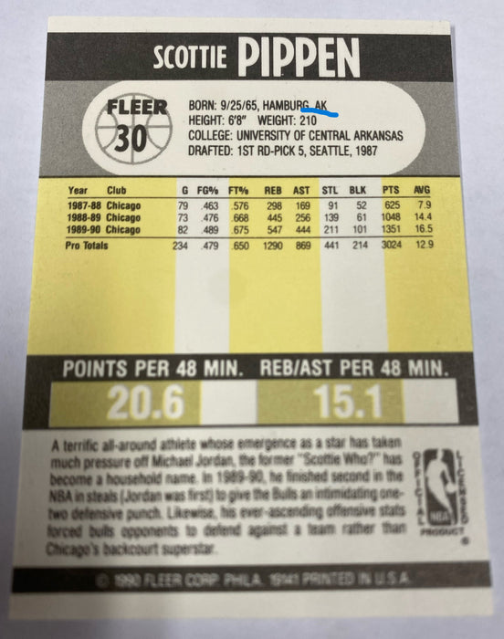 Scottie Pippen Fleer 90 #30 Rare Double Error Card (Mint Condition)