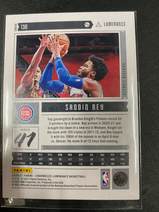 Saddiq Bey RC - 2020-21 NBA Panini Chronicles Luminance Rookie Card Pistons #138